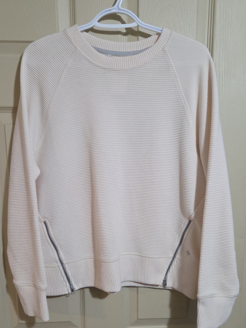 Women's Cream Ribbed Crewneck Sweater with Zip Detail